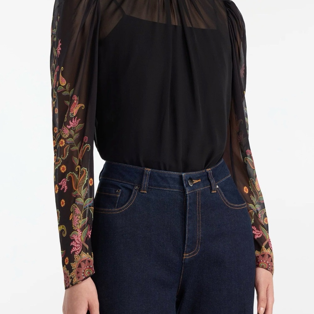 NEW SALONI Black Silk Sheer Blouse, Mel B Top in Boteh Bloom color